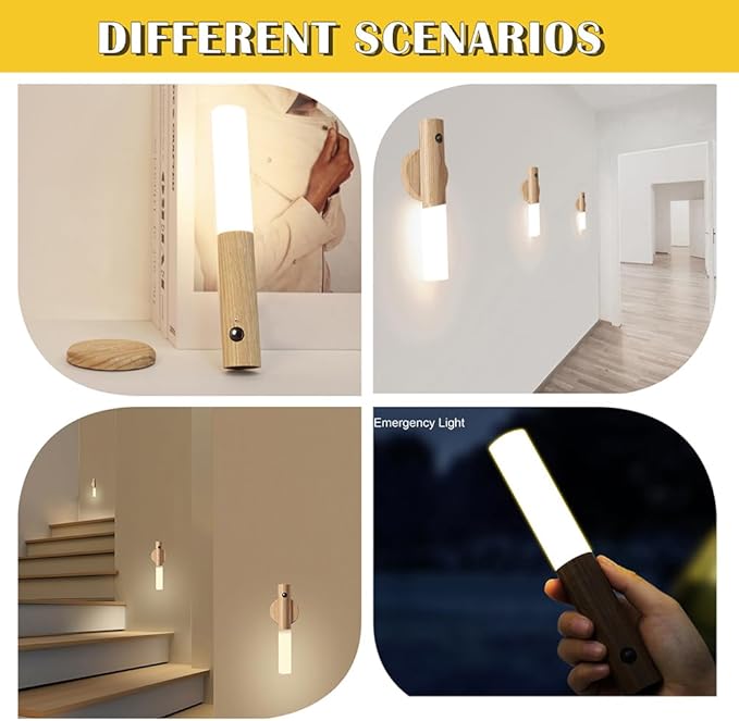 LANDGOO Wooden Motion Sensor Night Lights, Magnet Body Hallway Lamp, Rechargeable LED Wall Sconces, Portable for Stairway Bedroom, Battery Powered (White Ash Wood 2PC)