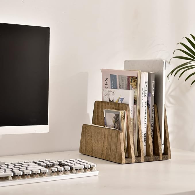 KIRIGEN Wooden Desk Mail Organizer 5 Slots File Paper Holder Desktop Wood Document Letter Holder Organizer for Home Office Dark Brown (5KWJJ-DBR)