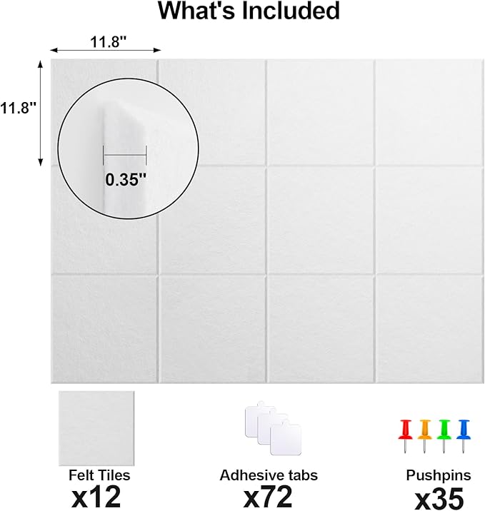 Large Cork Board for Walls 47" x 35" 12 Pack Black Bulletin Boards Felt Wall Tiles with Safe Removable Adhesive Corkboards for Office Home,White