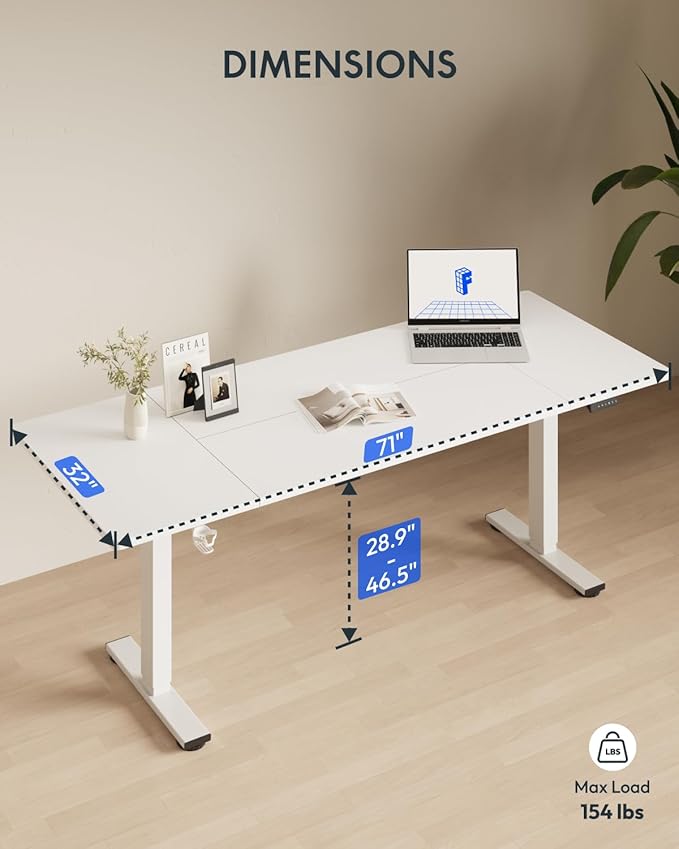 FLEXISPOT 71 x 32 Inch Large Standing Desk, Stand Up Desk with Splice Board, Rising Desks for Home Office, Office Desk with Cup Holder and Headphone Hook (White Frame + White Top, 2 Packages)