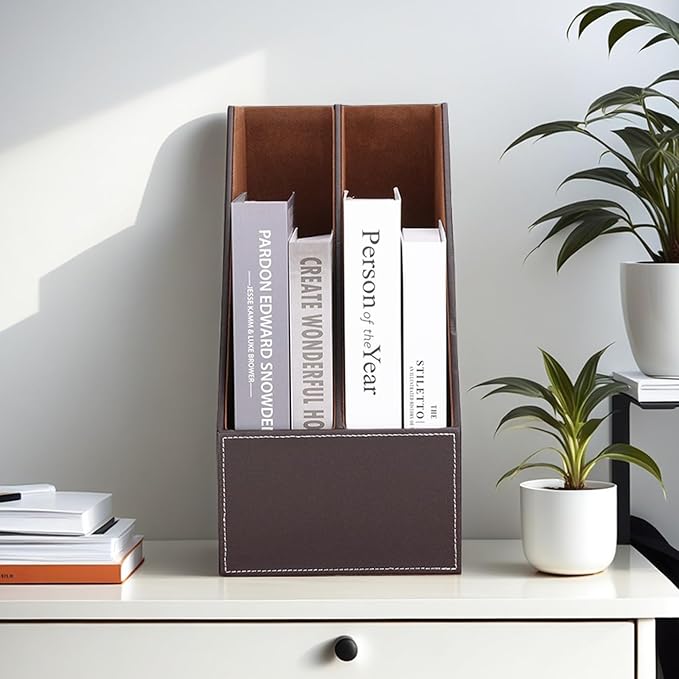 KINGFOM Wooden Leatherette Desktop File Folder Organizer and Document File Stand Journals Magazine Rack 2 Slots (brown)