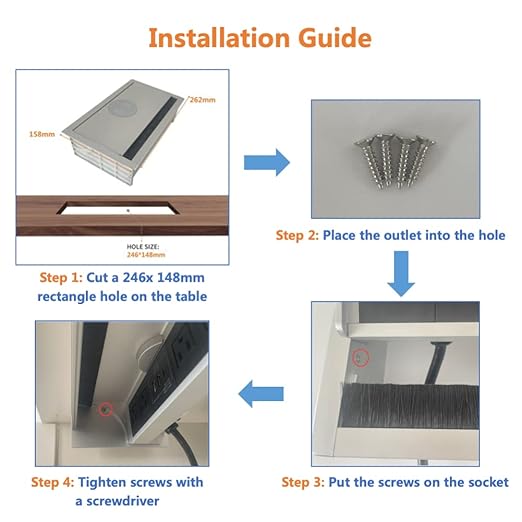 ZESHAN Brush Cable Cubby Connectivity Box Conference Table Power Box with Power Socket, USB and Type C Charger, Black