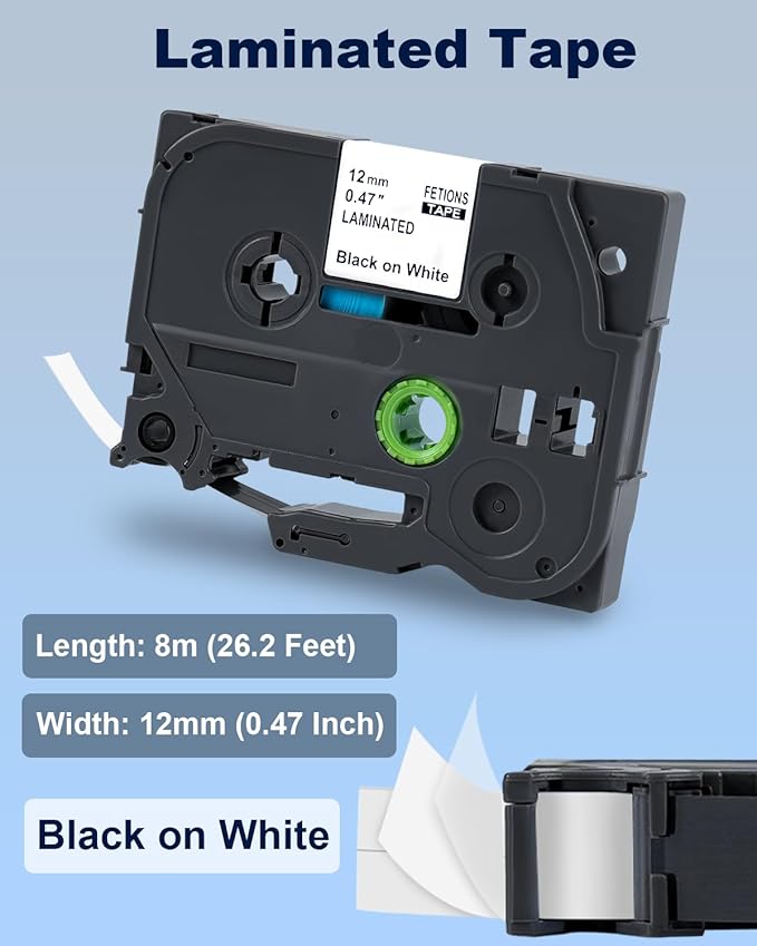 Label Maker Tape TZe-231 Replacement for Brother P Touch PT-D210 PT-D220 PT-H110 PT-D600 D400 by FETIONS, Compatible with TZe TZ 12mm X 8m Laminated Waterproof Label Tape, 4 Pack
