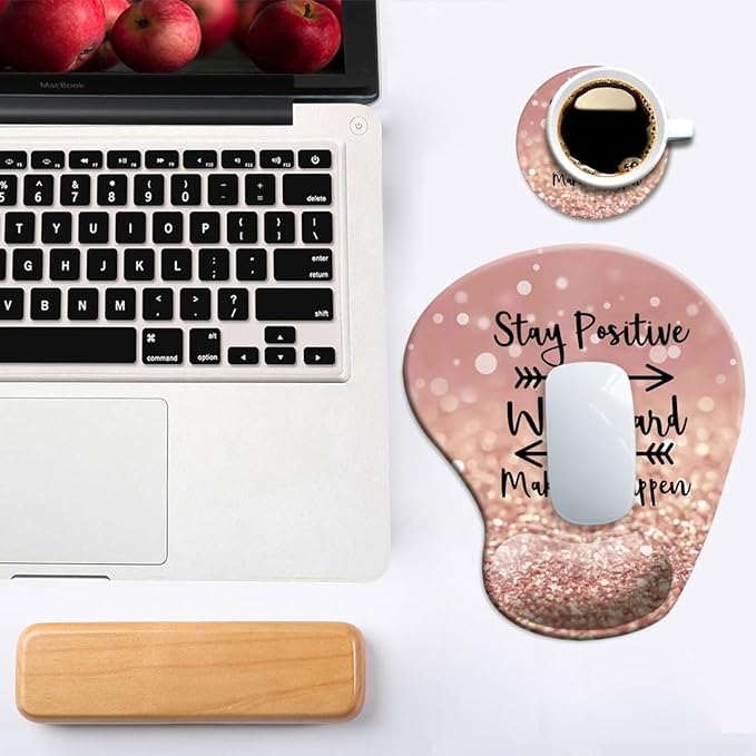 DOOKE Ergonomic Mouse Pad with Wrist Support and Coaster,Mouse Pads with Non-Slip PU Base for Home Office Working Studying Easy Typing & Pain Relief Stay Positive
