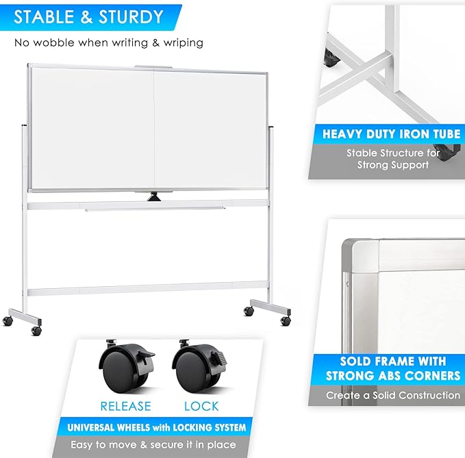 maxtek Rolling Whiteboard,72"x36" White Board with Stands Movable Dry Erase Board on Wheels, Large Double Sided Standing Whiteboard for Office School Classroom Presentation Supplies