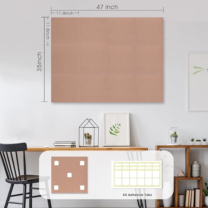 Large Cork Board for Office Wall Decor,48"x36"-12 Pack Felt Wall Tiles with Safe Removable Adhesive Tabs, 1/2" Thick, Felt Bulletin Board Pin Board Cork Boards for Walls - Salmon Pink