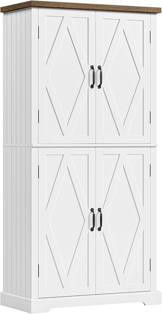 HOSTACK 64" Tall Pantry Cabinet, Modern Farmhouse Kitchen Pantry, Wood Bathroom Storage Cabinet, Large Bookcase, 4 Doors|Adjustable Shelves, for Dining Room, Living Room, Home Office, White