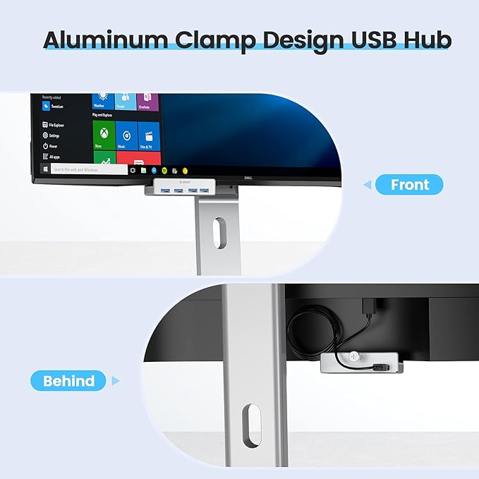 ORICO USB 3.0 Hub, USB Hub Clamp, Aluminum 4-Port USB Splitter with 4.92 FT USB Data Cable, Desktop Powered USB Hub for Monitors/Desks-Silver (Without Power Adapter)