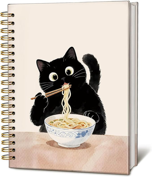 LIANHW Funny Black Cat Notebook, Cats Lover Gifts Notebooks for Note Taking, Cats Mom Lady Gifts Journal, Black Kitten Eat Noodles Journals for Writing, Cat Office Supplies, 5.5x8.3 Inch
