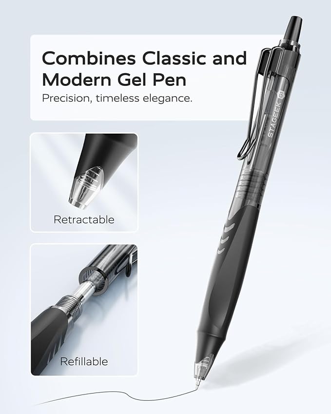 12 Pack Black Gel Pens, Quick Dry Black Ink Pens, 0.5mm Fine Point Retractable Smooth Writing Pens for Journaling, Writing, Business Gel Pen for Office School & Home Supplies(Black)