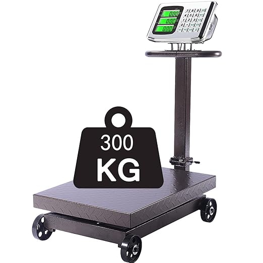 Industrial Platform Scale with Wheels 660lb Computing Digital Floor Scale with Accurate LB/KG Price Calculator High-Definition Displa Foldable Rechargable for Weighing Luggage Package