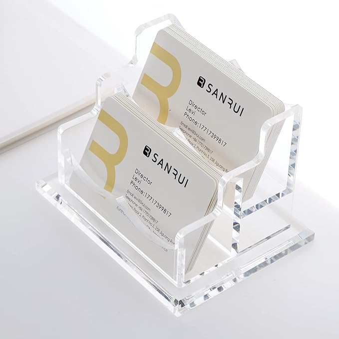 SANRUI Clear Horizontal Business Card Holder Stand for Desk, Acrylic Desktop Display Name Cards Holders Organizer Storage Rack,for Exhibition, Home , Office ,2 Tier 2 Pocket , 120 Card Capacity