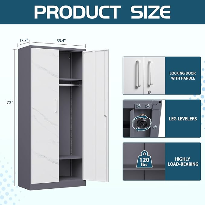 MIIIKO Wardrobe Closet with 2 Doors, 72" Metal Wardrobe Cabinet with Hanging Rod for Bedroom Laundry Room and Office, Clothes Storage Organizer Cabinets with Locking Door and Shelf
