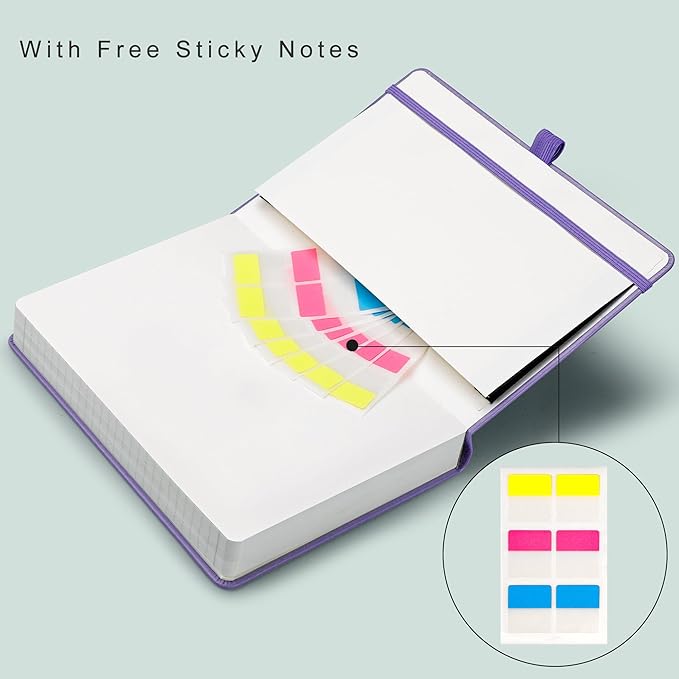 EMSHOI A5 College Ruled Notebook Journal- 400 Pages (200 sheets), 7mm Spacing & Vegan Leather Cover for Work, School, Bible Study, Bullet Journaling- with Sticky Notes, Pocket & Pen Hold- Purple