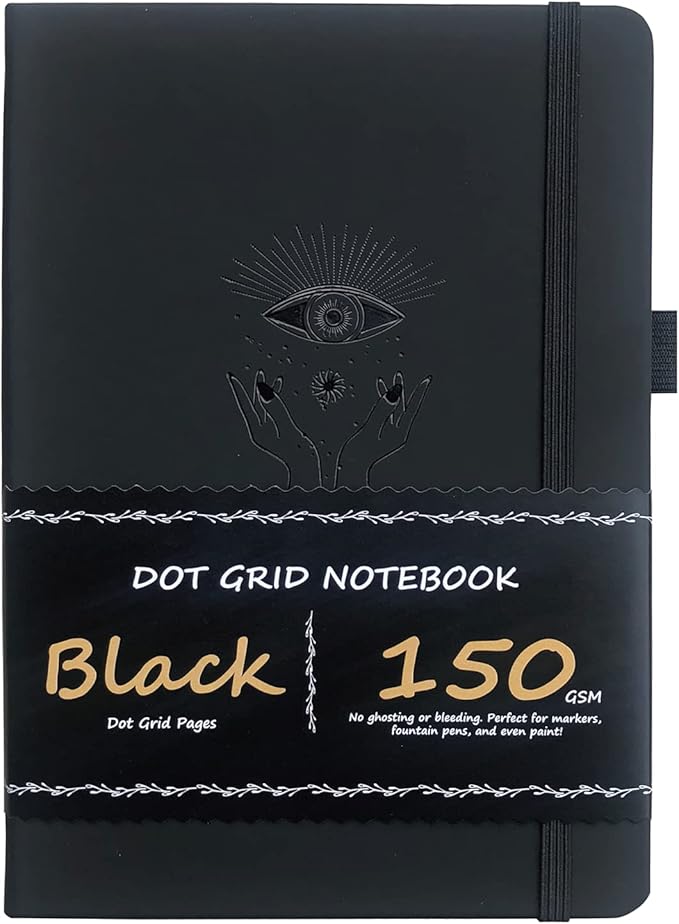 BUKE Dotted Journal - Dot Grid Notebook - 150gsm No Bleed Black Paper - 160 Black Pages - For Women and Men - A5 PU Leather Hardcover 5.75" x 8.5" and Gift Box (BKB-1)