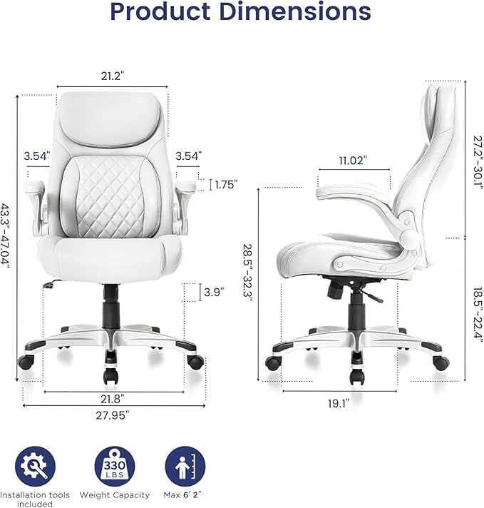 Nouhaus Ergonomic Office Chair Premium Microfiber Leather Adjustable Lumbar Support & Armrests, High Back Comfy Desk Gaming Chairs Executive Computer Swivel Chair Tilt Function(Posture,White)