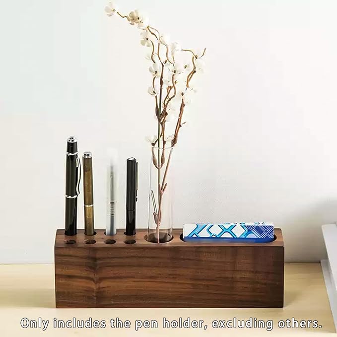 LiTY Pen Holder for Desk, Acacia Wooden Pencil Stand, Solid Wood Business Card Holder, Fountain Pen Organizer, Minimalist Aesthetic Office Stationery Desk Decor