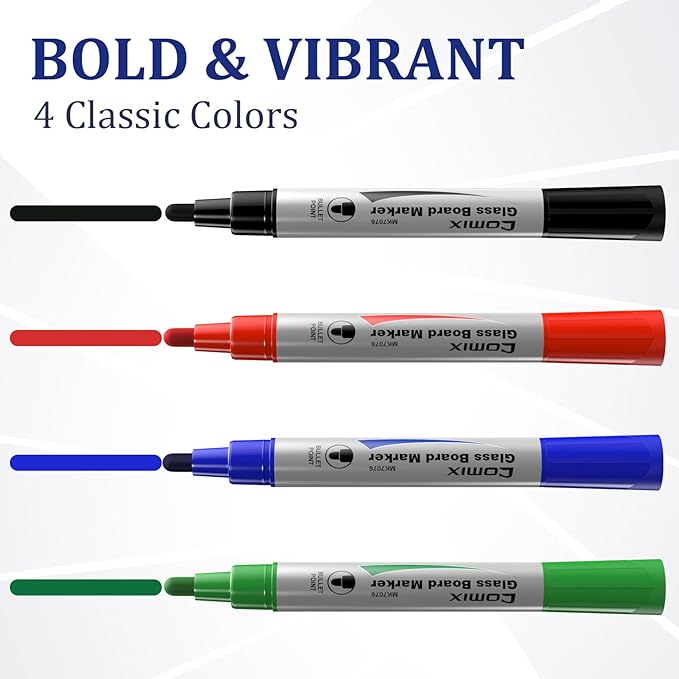 Comix Glass Board Dry Erase Markers, Low Odor Whiteboard Markers, Bullet Tip, 4 Assorted Colors, 12 Pack