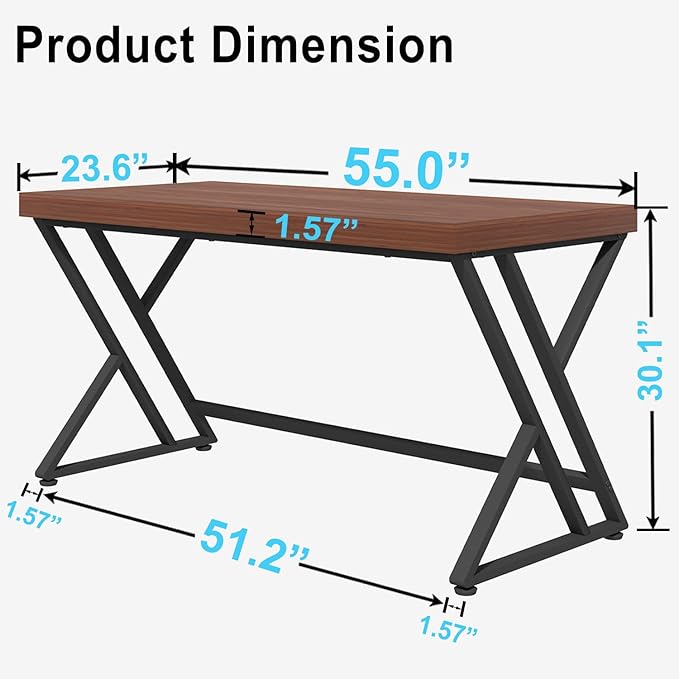 LVB Wood Computer Desk, Rustic Executive Home Office Desk for Bedroom, Industrial Metal Wooden Computer Table for Study Writing Work, Modern PC Student Simple Gaming Desk with Storage, 55 Inch, Walnut