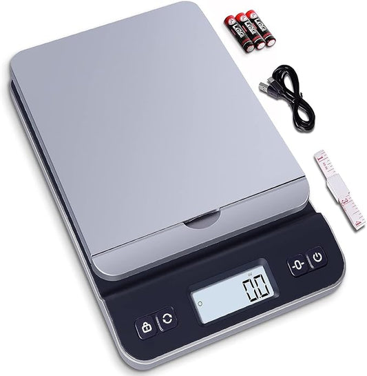 QP Shipping Scale, 86lb/0.1oz High Accuracy Digital Postal Scale for Packages, Hold/Tare Function, Backlit LCD Display, Flip-up Holder, Postage Scale, Mail Scale, Battery & Tape Measure Included