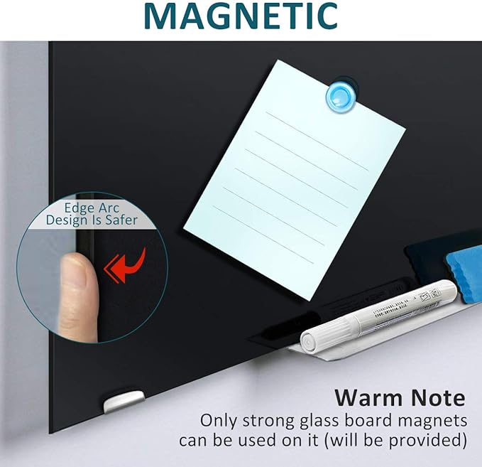 Black Dry Erase Board Magnetic Glass Board, 24x18 Tempered Glass Black Whiteboard for Wall, ZHIDIAN Glass Bulletin Board Framless Blackboard for Office, 2x1.5ft