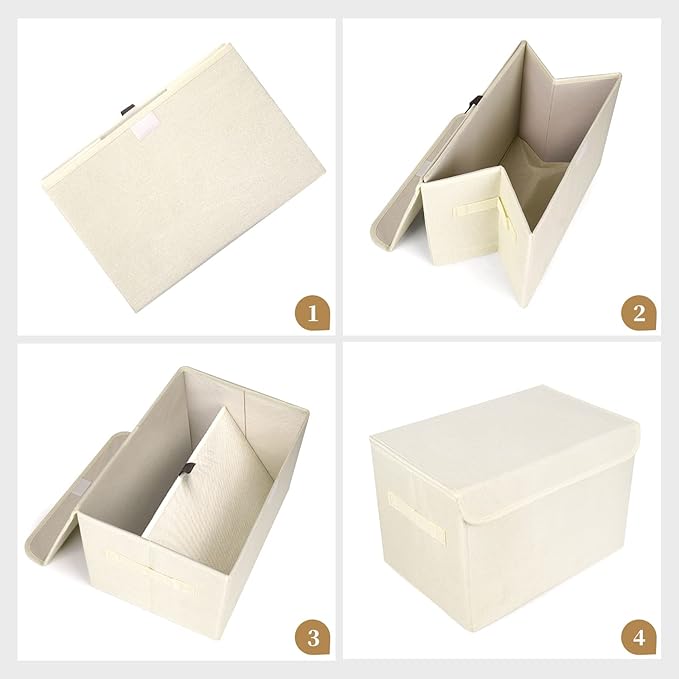 Large 42 Quarts Collapsible Stackable Storage Bins Cube with Lids [3-Pack] Foldable Fabric Linen Storage Boxes, Closet Organizer Baskets with Label for Home (16.7 x 12 x 12", Beige)