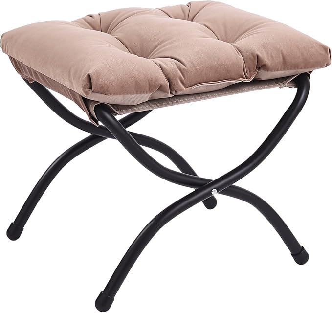 LITA Folding Upholstered Footrest Stool, Modern Small Portable Accent Ottoman with Detachable Thick Cotton Cushion Padded Sofa Stool with Metal Frame for Lazy Chair, Living Room & Bedroom, Khaki