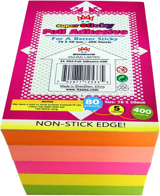 Full Adhesive Sticky Notes 3 x 2 in, Bright Colors, Colorful Small Sticky Notes Full Adhesive Back Self-Stick Note Pads for Office, School Supplies, 80 Sheets/Color, 5 Colors/Pack, 400 Sheets Total