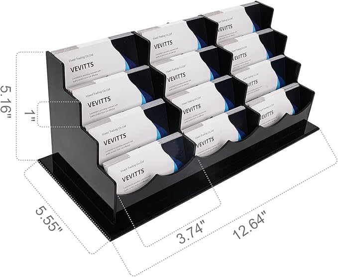 Business Card Holder, Acrylic Business Card Display, Clear Desktop Business Card Stand for Exhibition, Home & Office Black 4 Tiers 12 Slots