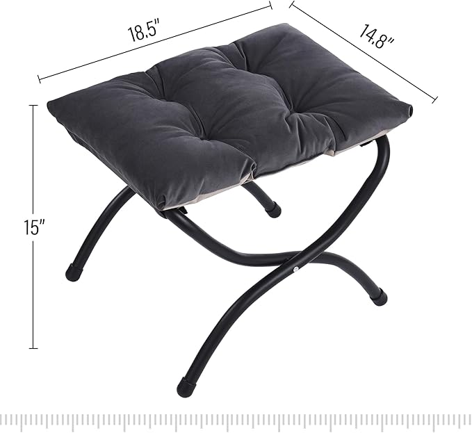LITA Folding Upholstered Footrest Stool, Modern Small Portable Accent Ottoman with Detachable Thick Cotton Cushion Padded Sofa Stool with Metal Frame for Lazy Chair, Living Room & Bedroom, Smoky Grey