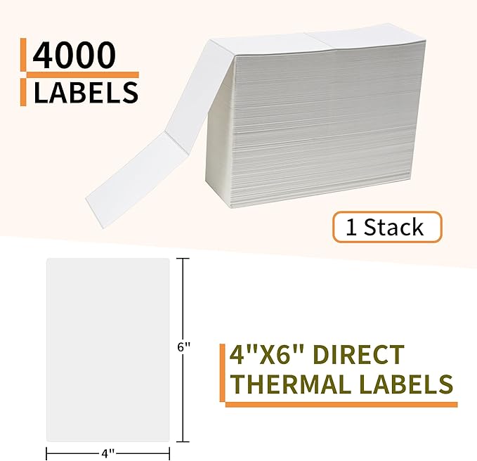 L LIKED 4000 Fanfold 4 x 6 Direct Thermal Shipping Labels, with Perforated Line, Compatible with Zebra & Rollo Printer, White, Commercial Grade