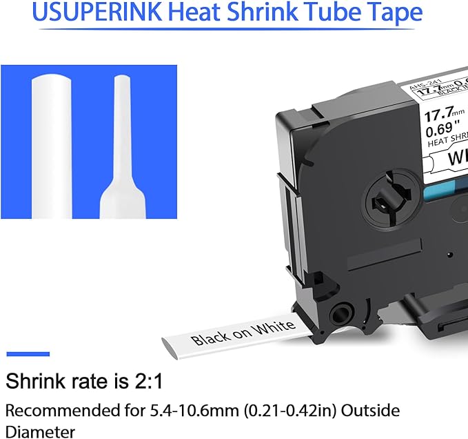 10PK Compatible for Brother Ptouch HSe-241 HSe241 HS-241 HS241 Black on White Heat Shrink Tube Label Tape use in PT-D400 PT-D600 PT-E300 PT-E500 PT-P750WVP Printer (0.69''x 4.92ft)