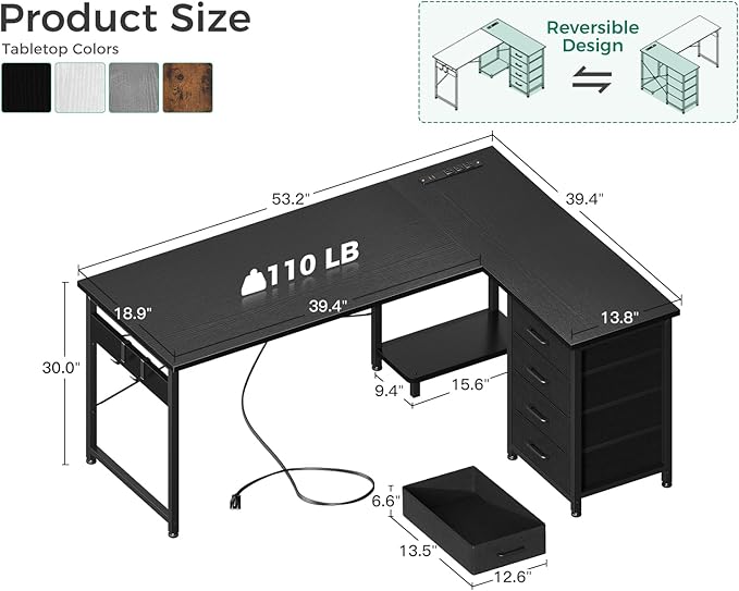 Casaottima L Shaped Desk with 4 Tier Drawers, 53" Gaming Desk with Power Outlets & USB, Reversible L-Shaped Computer Desk with CPU Stand, Home Office Corner Desk with Storage, Easy Assemble, Black