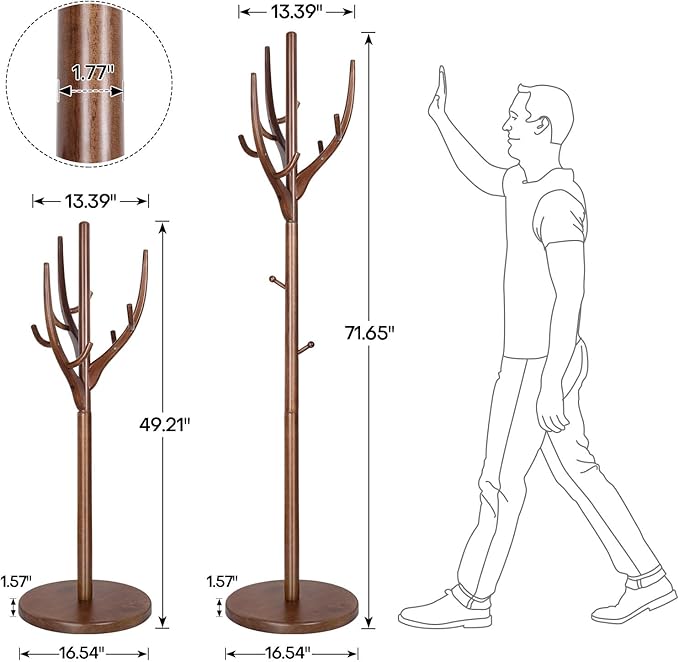 Wood Coat Rack, Coat Tree Freestanding Wooden Coat Rack Stand with 12 Hooks, Heavy Duty Hall Tree Coat Hat Stand with Sturdy Base, Free Standing Coat Racks for Entryway, Bedroom, Brown