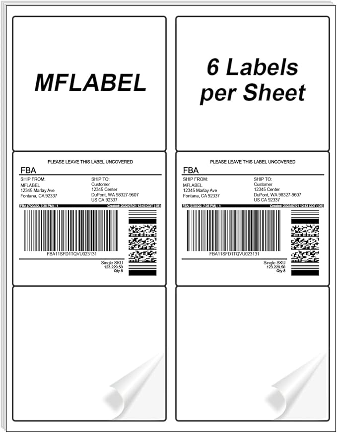 MFLABEL 3-1/3" x 4" Shipping Address Sticker, FBA Labels, 6-UP Sticker Label, White Shipping Label, Easy to Peel, Address Paper for Laser/Ink Jet Printer, 6 Per Page (1800 Labels, 300 Sheets)