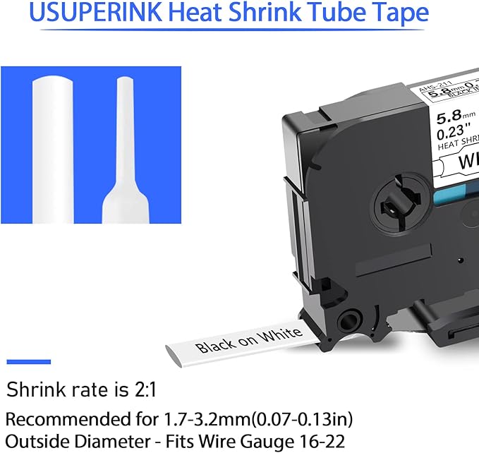 10PK Compatible for Ptouch HSe-211 HSe211 HS-211 HS211 Black on White 5.8mm 0.23'' Heat Shrink Tubing for Wire Cable for PT300 PT-300B PT310 PT310B PT320 Label Maker Tape