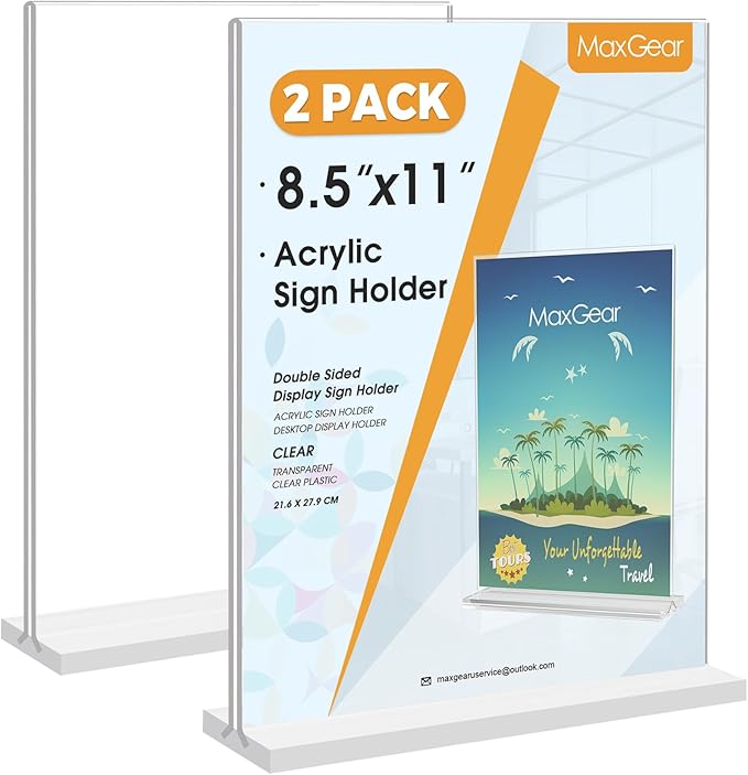 MaxGear Acrylic Sign Holder 8.5x11 Inches 2 Pack, Double Sided Clear Display Stand Table Top Paper Holder, Vertical Menu Flyer Stand, Plastic Frame for Stores, Restaurants, Hotels, Office