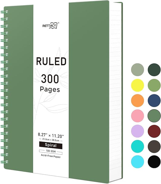 RETTACY Spiral College Ruled Notebook, 300 Pages, A4 Large Size (8.2" x 11.2"), for School, Work, Writing, Journaling, 100 GSM Thick Paper, Flexible Plastic Cover (Dark Green)