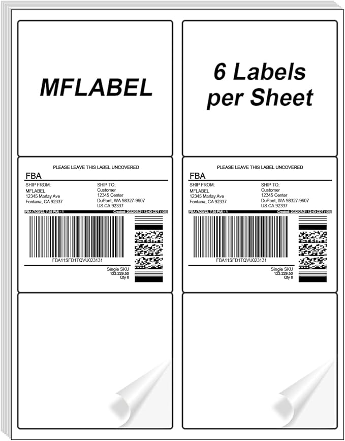 MFLABEL 3-1/3" x 4" Shipping Address Sticker, FBA Labels, 6-UP Sticker Label, White Shipping Label, Easy to Peel, Address Paper for Laser/Ink Jet Printer, 6 Per Page (54000 Labels, 9000 Sheets)