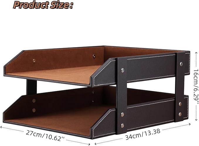 KINGFOM Letter Tray, Leather Paper Organizer Tray, Wooden Desk File Holder, Desktop File, Stackable Magazine Holder, Mail Sorter, Great for Home or Office - 2 Level Brown