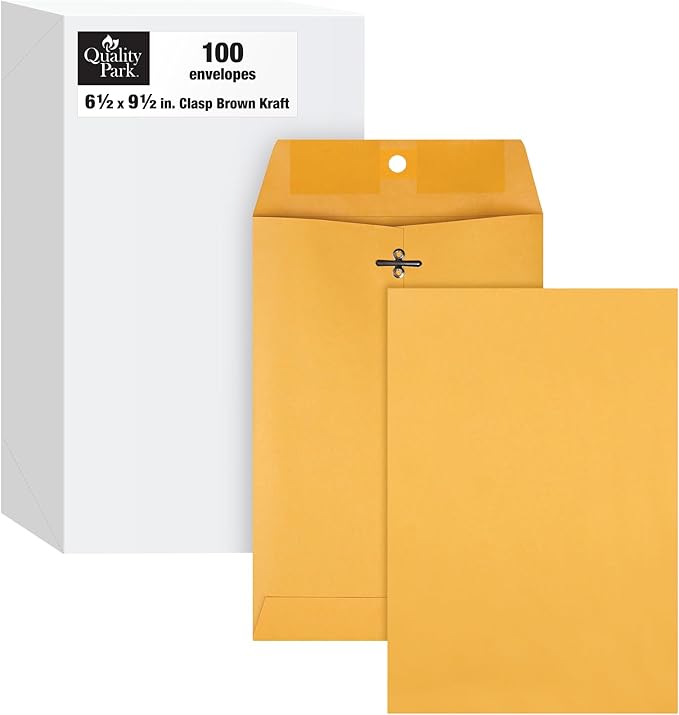 Quality Park 6-1/2 x 9-1/2 Clasp Envelopes, Clasp and Gummed Closures for Storing or Mailing, Heavy-Duty 32 lb Kraft Paper, 100 Per Box (QUA37763)