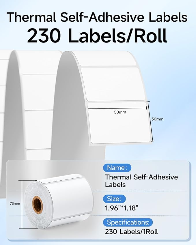 Thermal Labels - 1.96"X1.18" (50X30MM), Compatible with Label Maker Machine M100/ M110/ M150/ M220/ M250/ M108/ M221, Multi-Purpose Adhesive Thermal Labels, Black on White, 230 Labels/Roll