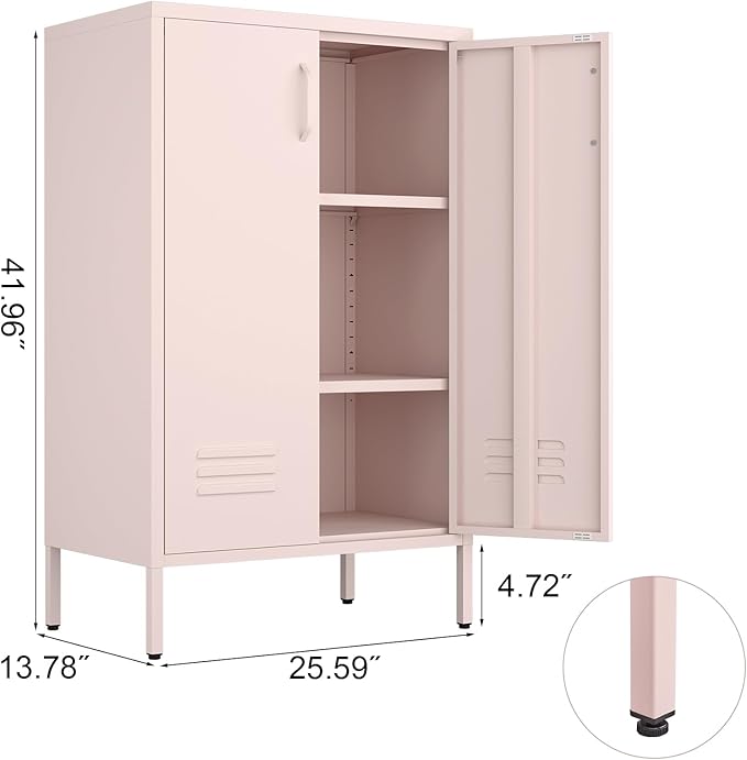 Storage Cabinet,2 Doors Locker Cabinet with Legs,Entryway Cabinet with Adjustable Shelves,Metal Locker Storage Cabinets for Office,Classroom,Bedroom,Pink