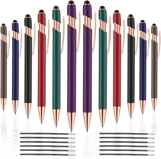 12 PCS 2 in 1 Stylus Ballpoint Pen with Stylus Tip, 1.0 mm Black Ink Metal Pen Stylus Pen for Touch Screens (Mixed Color)