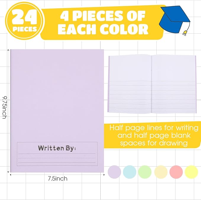 Henoyso 24 Pcs Primary Composition Notebook K-2 9 3/4 x 7 1/2 Inch Primary Journal, Back to School Supplies, Bulk Blank Writing Book for Kid to Write Draw Journal 60 Page Notebooks (Light Color)