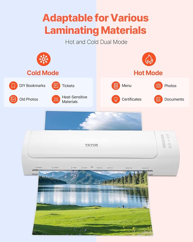 VEVOR Laminator Machine, Cold and Hot Laminator for Max A3 Paper Size, 1 min Quick Warm Thermal Laminator, 3-5 mil Thickness, Ideal for Home, Office, Business, or School Supplies, White + Grey