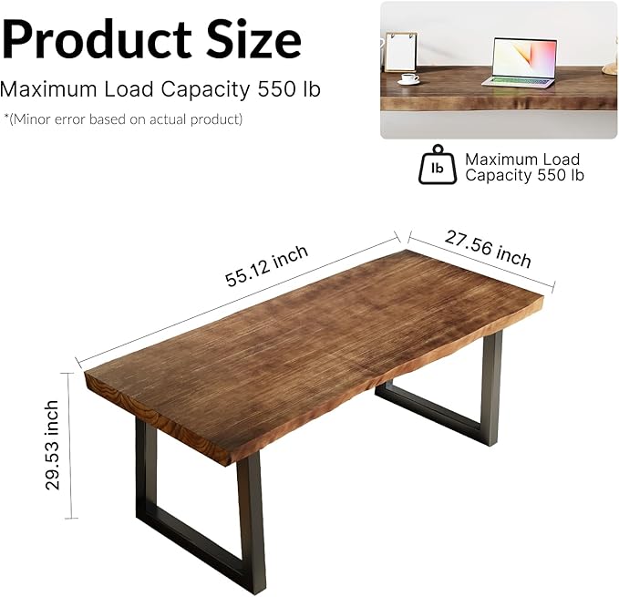 Solid Wood Desk 55 inches, Home Office Computer Desk Wooden Rustic Writing Desk Metal Modern Simple Design Executive Real Wood Desk (Brown)