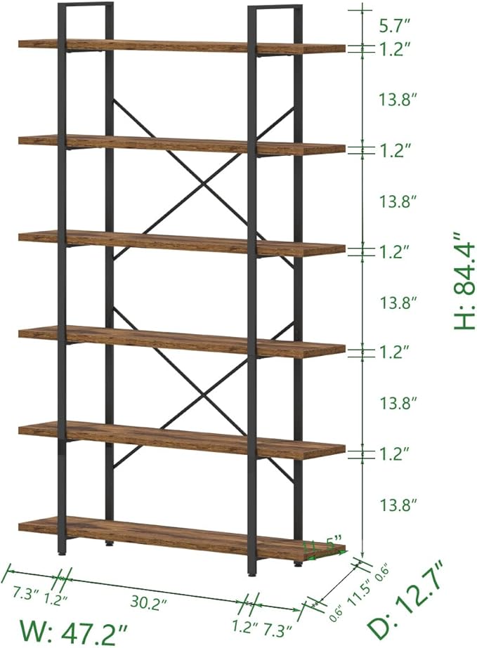 HSH 6 Shelf Tall Bookcase, Industrial Modern Large 6 Tier Bookshelf, Open Wood and Metal Display & Storage Rack,Farmhouse Bookcases and Book Shelves 6 Shelf for Bedroom Living Room Office,Rustic Brown