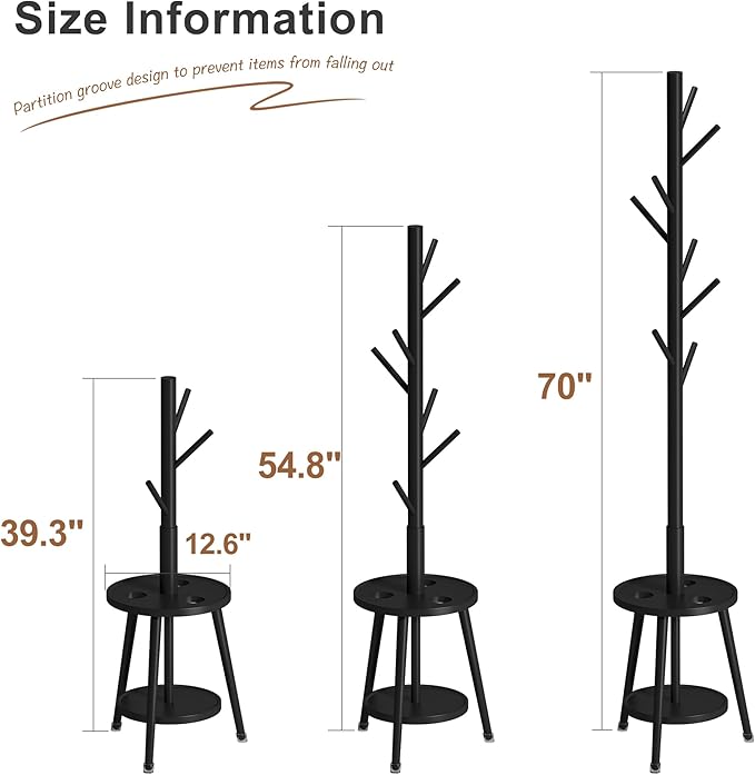 FILWH Freestanding Coat Rack with Umbrella Organizer Tray Bamboo Coat Tree Rack with 8 Hook Stand for Clothes Bag Hats Entryway Hanger Stand(Black)