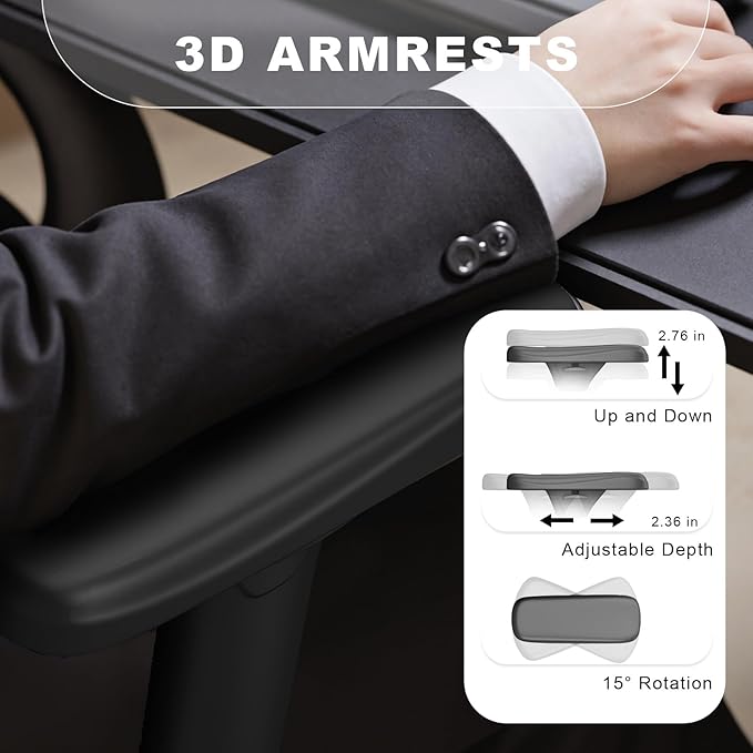 Ergonomic Office Chairs with Adjustable Headrest and Lumbar Support, High Back Mesh Home Computer Desk Chairs with 3D Armrest, 360° Swivel Wheels and Rocking Function, Black